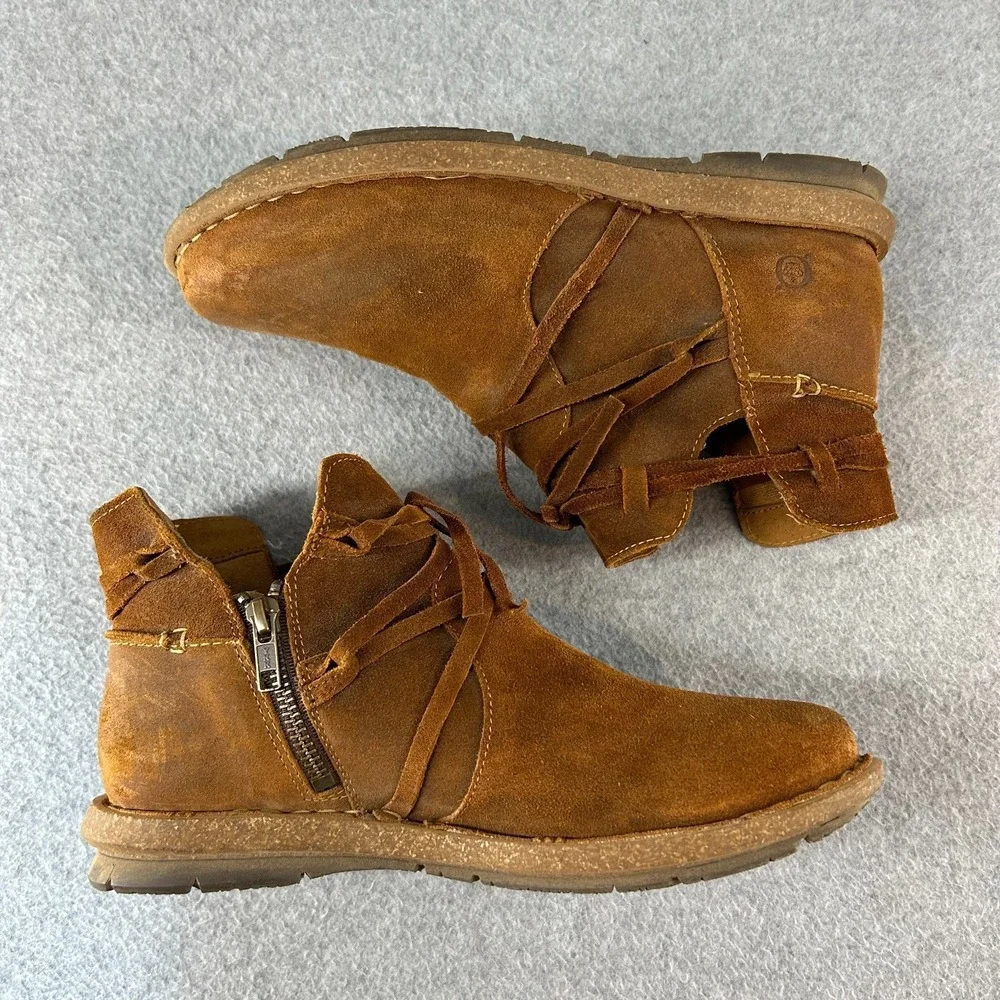 Born Tarkiln Toasted Almond Brown Leather Ankle Boots Booties Womens Size US 9